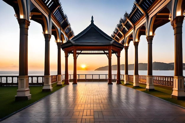 Een paviljoen met een zonsondergang op de achtergrond