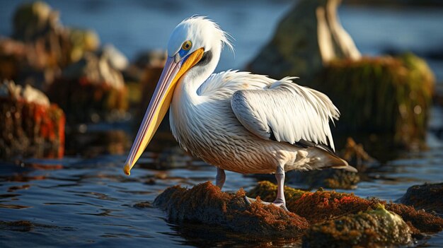 een pelikaan die op een rots staat in de achtergrond van het water
