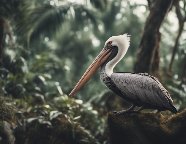 Een pelikaan in de jungle.