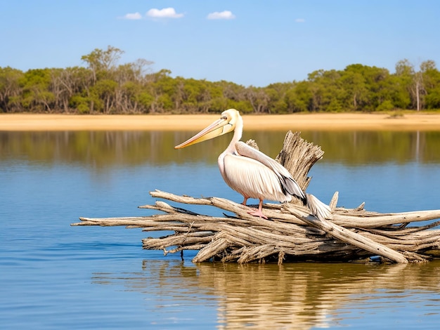 Een pelikaan zit op droog drijfhout in het midden van een meer AI_Generated