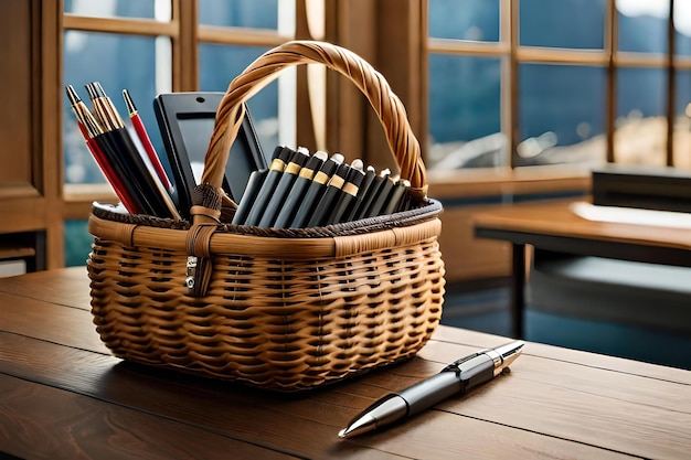 Een pen zit in een mand met een pen en een pen op een tafel.