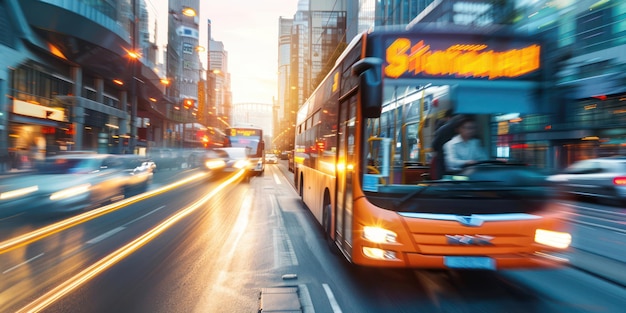 Een pendelbus die door het stadsverkeer vaart