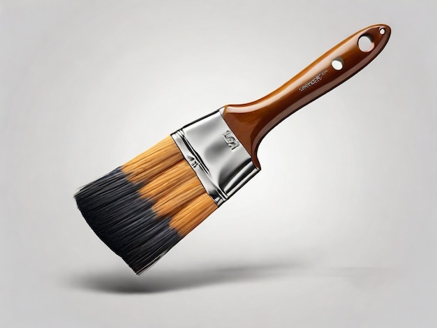 een penseel met een houten handvat staat voor een grijze achtergrond