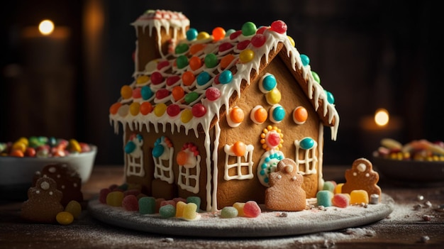 Een peperkoekhuisje met een bordje met 'sweet home' erop