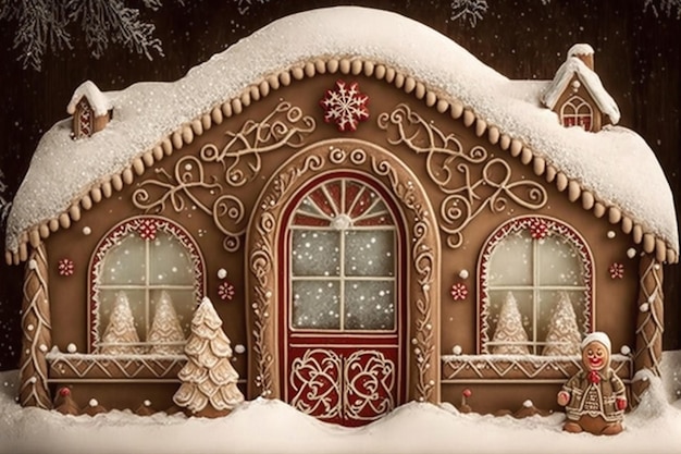 Een peperkoekhuisje met sneeuw op de deur en een boom aan de voorkant.