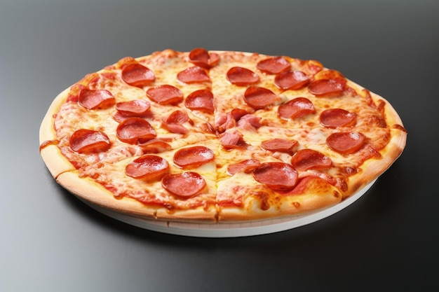 Een pepperonispizza die bovenop een generatieve AI van een witte plaat zit