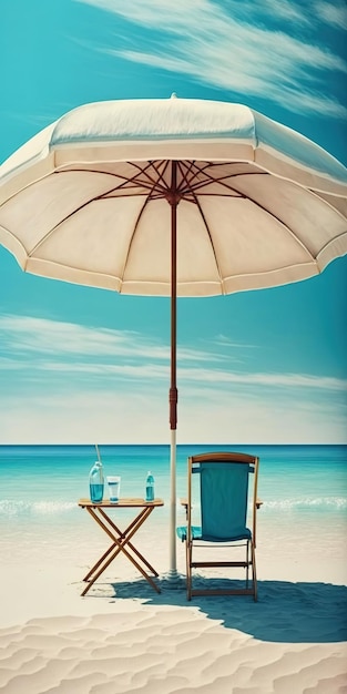 Een perfect strandtafereel met palmbomen en parasols in de blauwe lucht