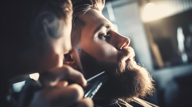 Een perfecte vorm krijgen Closeup zijbeeld van een jonge baardige man die zijn baard wordt geknipt door een kapper in een kapperszaak