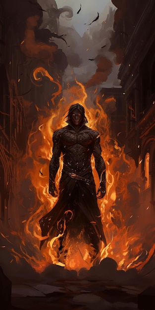 Foto een personage dat in zwarte en bruine vlammen staat