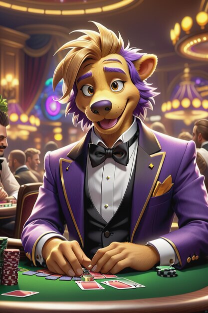 een personage man in een paars pak die poker speelt