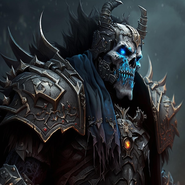 Een personage met een blauwe schedel op zijn hoofd en een zwarte helm met het woord oorlog erop.