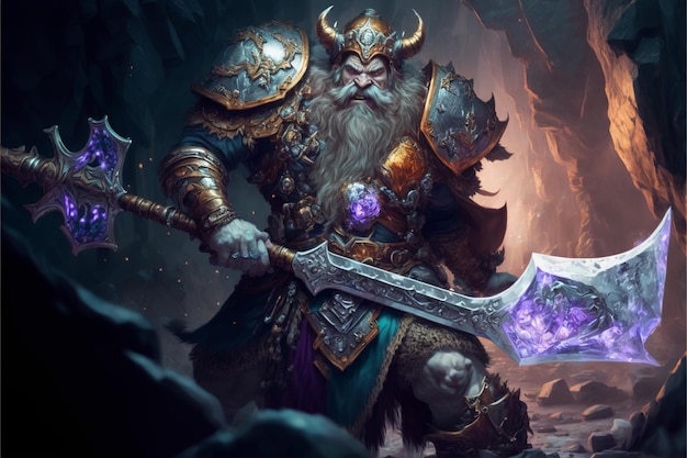 Een personage met een groot zwaard in het midden van een grot.