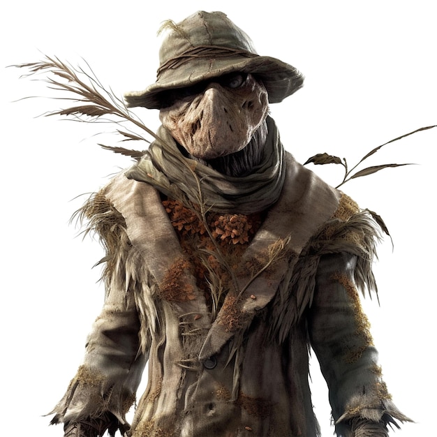 Een personage met een hoed en een jas vogelverschrikker geïsoleerd op een witte achtergrond