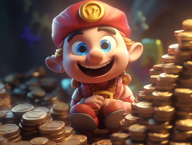 Een personage met een rode baret zit tussen stapels munten.