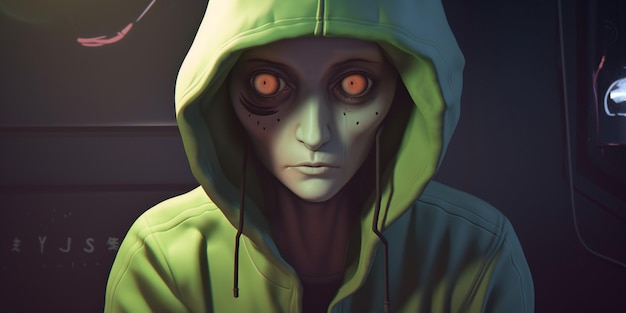 Een personage met oranje ogen en een groene hoodie met het woord alien erop.