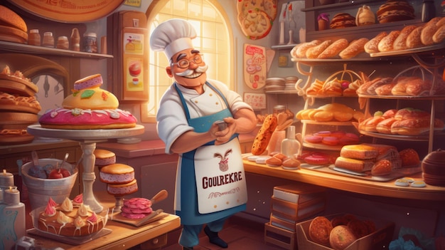 Een personage van een chef-kok die voor een bakkerij staat met het woord guelele erop.
