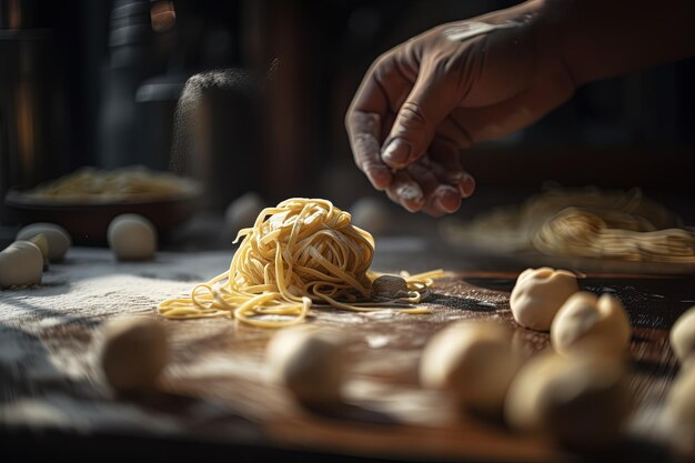 Een persoon bereidt pasta op een tafel