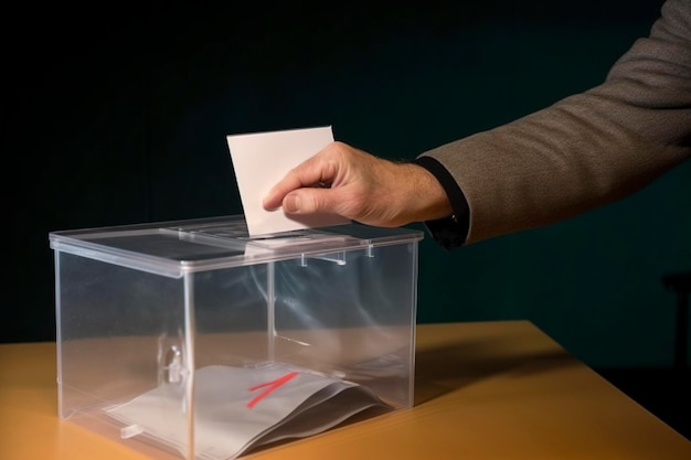 Een persoon deponeert zijn stem in een envelop in een door Ai gegenereerde transparante stembus