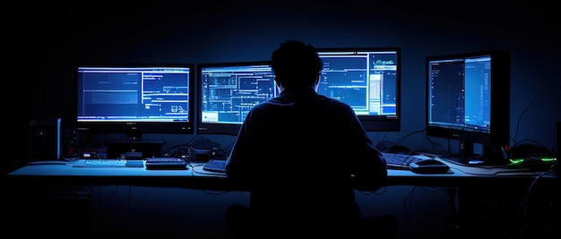 Een persoon die achter een computer zit in een donkere kamer, met de tekstcode aan de linkerkant.