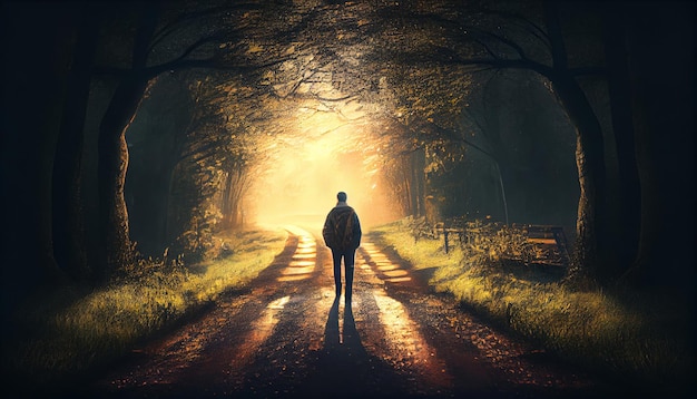 Een persoon die alleen op een pad loopt en naar generatieve AI in het bos kijkt