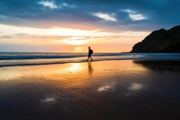 Een persoon die bij zonsondergang op het strand loopt