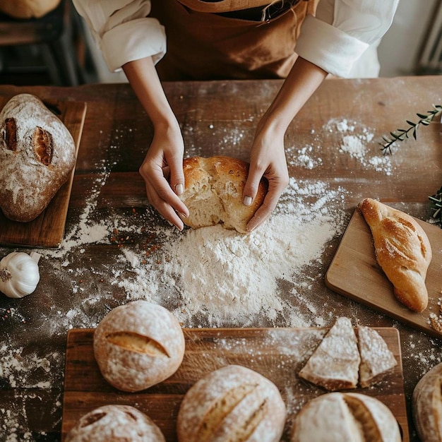 een persoon die brood op een houten tafel maakt