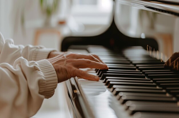 Een persoon die de piano speelt close-up van handen op de toetsen eenvoudige achtergrond witte muren in de rug