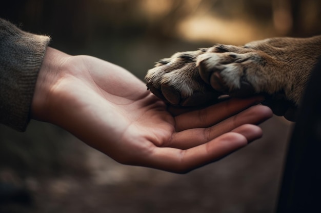 Een persoon die de poot van een hond vasthoudt, het woord hond op de palm van zijn hand Generatieve AI