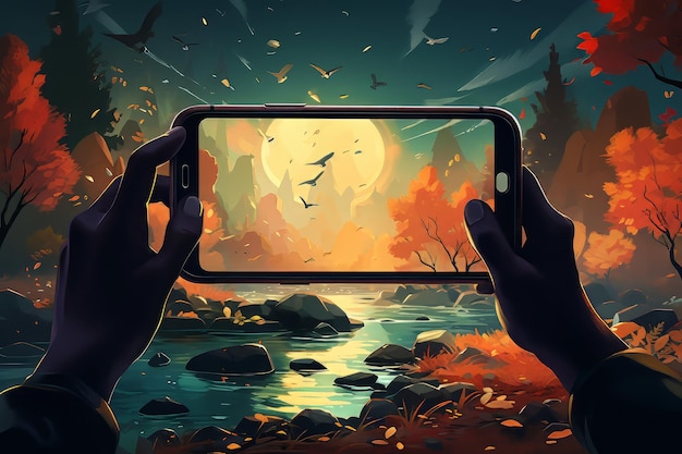 Foto een persoon die de schoonheid van een rivierlandschap vastlegt met een smartphone