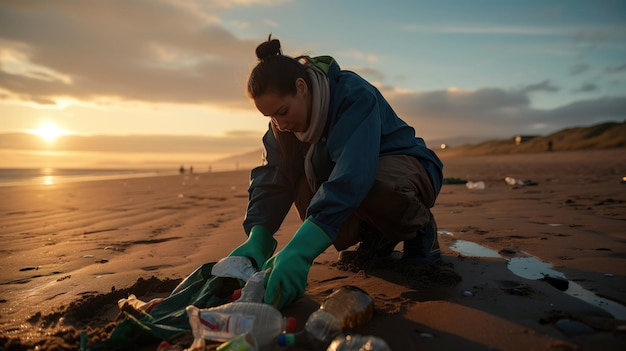 Een persoon die deelneemt aan een strandreiniging en vuilnis verzamelt terwijl de zon ondergaat over de oceaan