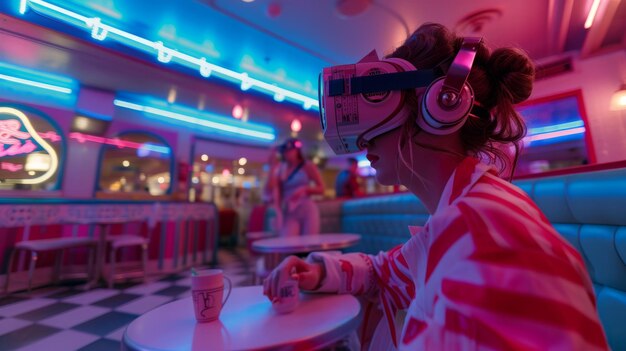 Foto een persoon die door een restaurant met een retro-thema navigeert met een vr-headset