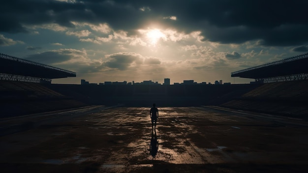 Een persoon die door een stadion loopt onder een bewolkte hemel