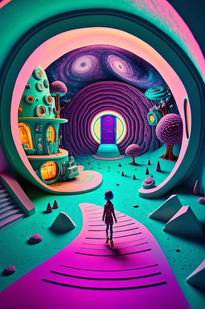 Een persoon die door een tunnel loopt met kleurrijke psychedelische generatieve ai