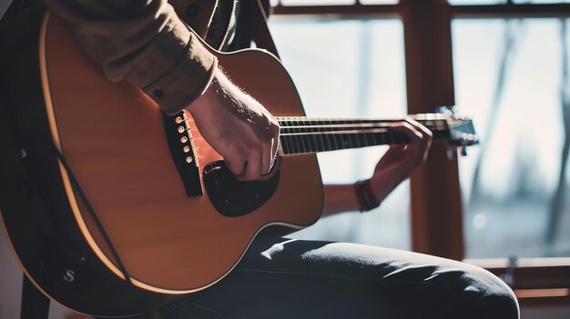 Foto een persoon die een akoestische gitaar speelt voor een raam de focus is op de handen en de gitaar de achtergrond is wazig en niet scherp