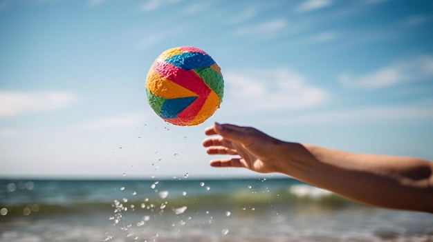 Een persoon die een bal op het strand gooit