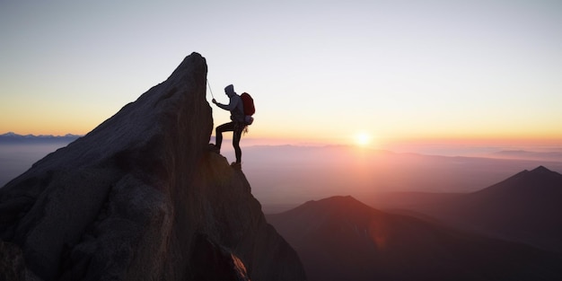 Een persoon die een berg beklimt met de ondergaande zon achter zich