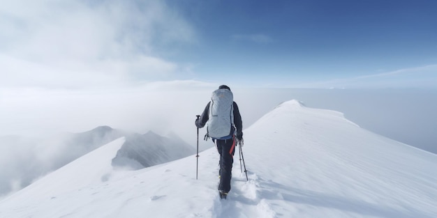 Een persoon die een besneeuwde berg oploopt met een grote rugzak erop.