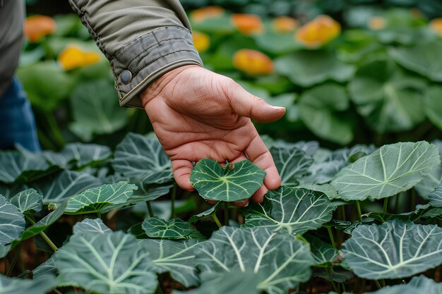 Een persoon die een bladvormige plant in zijn hand houdt