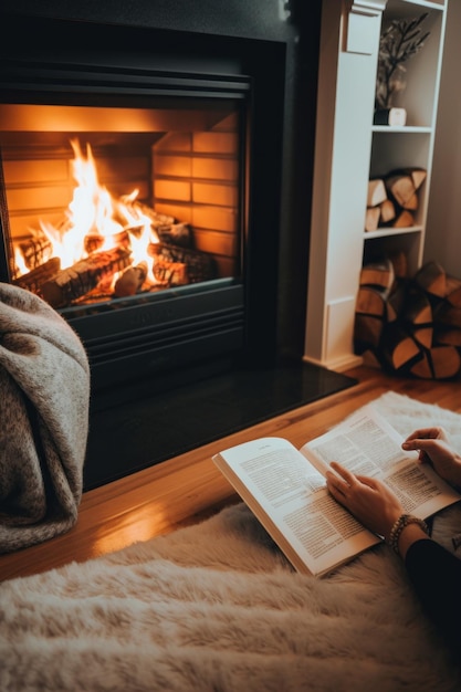 Een persoon die een boek leest voor een open haard Generatief AI-beeld