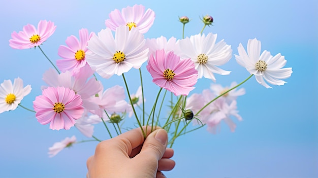 een persoon die een boeket kosmosbloemen vasthoudt