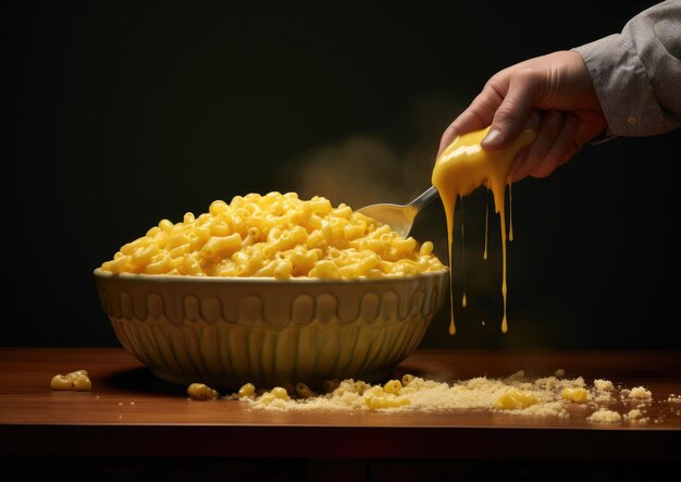 Een persoon die een bolletje macaroni en kaas uit een grote schaal serveert