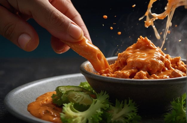 Een persoon die een friet in een pittige sriracha mayonaise dipt