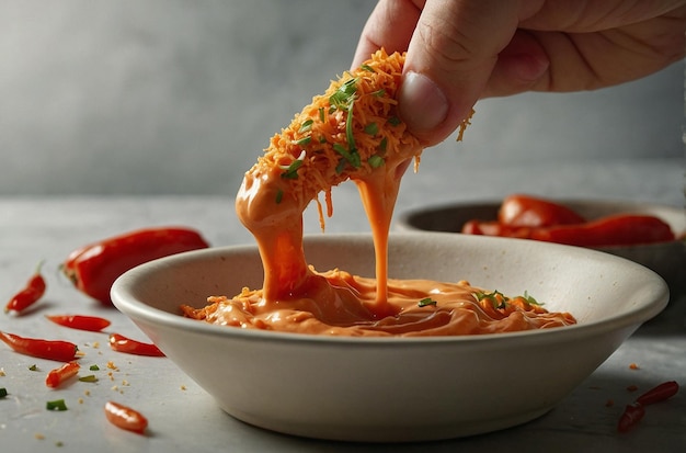 Een persoon die een friet in een pittige sriracha mayonaise dipt