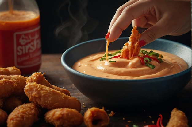 Een persoon die een friet in een pittige sriracha mayonaise dipt