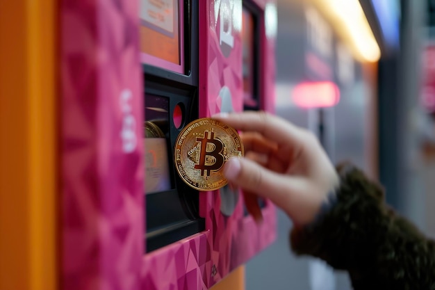Foto een persoon die een geldautomaat gebruikt om bitcoin te kopen