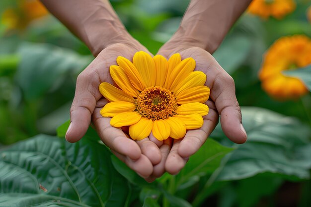 Een persoon die een gele bloem in zijn handen houdt in een veld van bloemen met groene bladeren in de