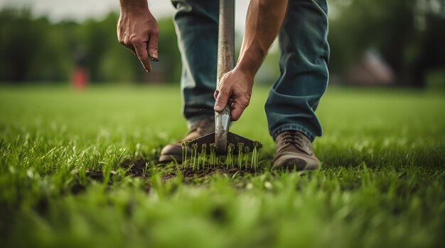 Foto een persoon die een handmatige gazonluchter op zijn gras gebruikt om de bodemgezondheid te bevorderen zonder brandstof