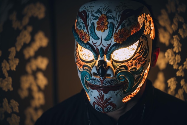 een persoon die een heel creatief masker draagt voor het lantaarnfestival, generatieve ai