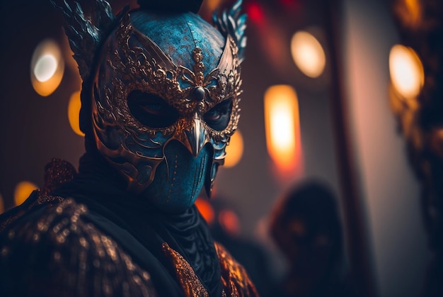 een persoon die een heel creatief masker draagt voor het lantaarnfestival, generatieve ai