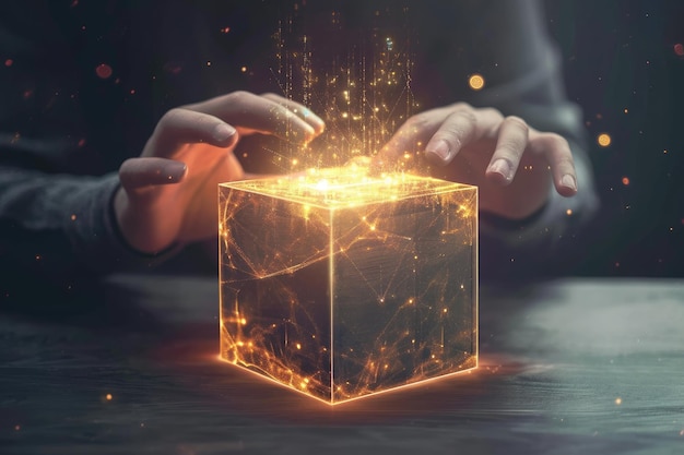 Een persoon die een helder kubusvormig object in zijn handen vasthoudt dat een zachte gloed uitzendt Een persoon die Een gloeiende doos ontsluit die de veilige aard van blockchain AI genereert